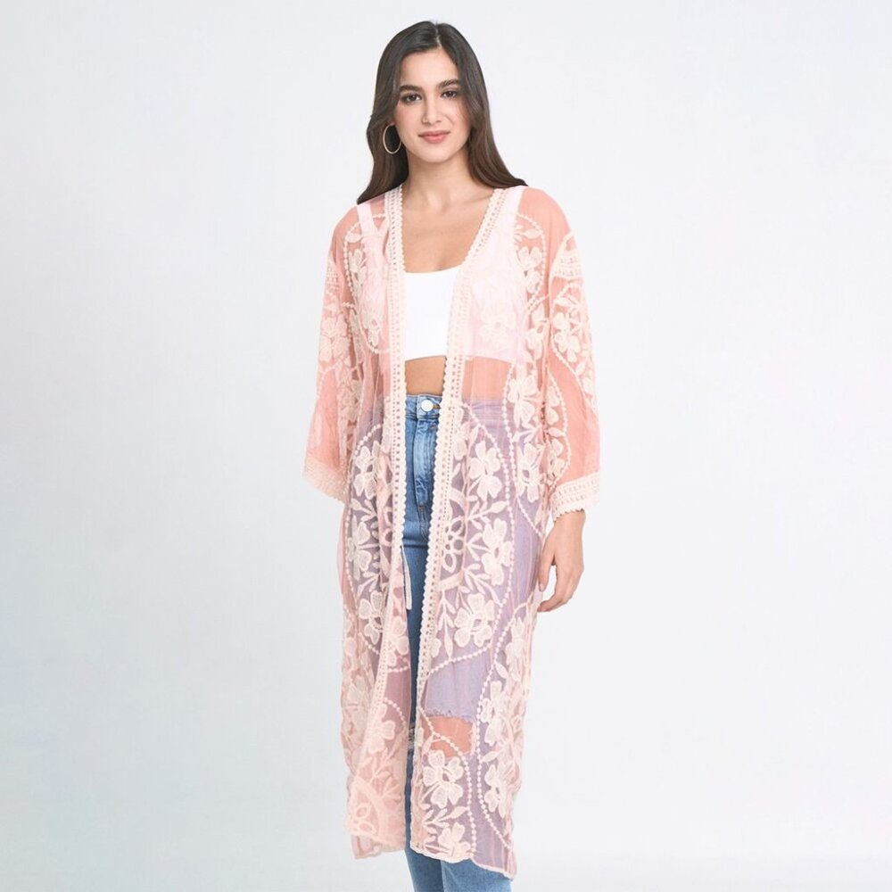 DIONA J FLORAL LACE KIMONO ONE SIZE COLOR CORAL